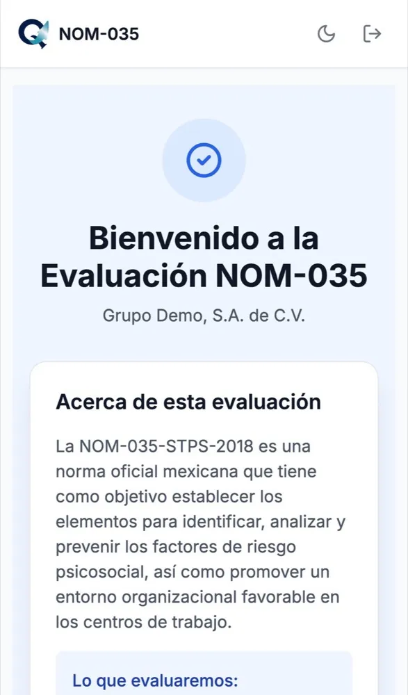 Pantalla de bienvenida de la evaluación NOM-035 en un celular